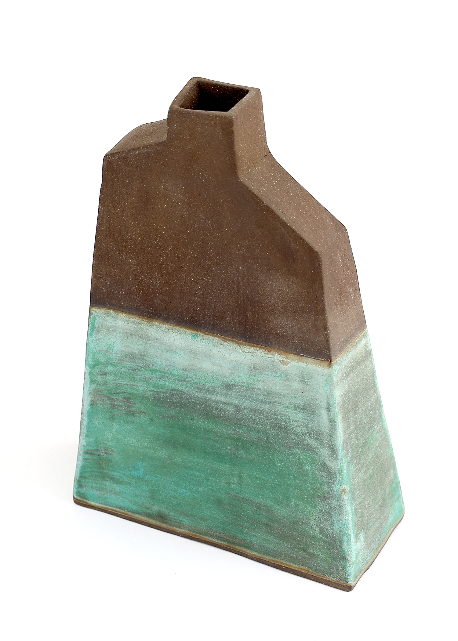 Angular geometric ceramic vase with two-tone glazing featuring brown upper section and turquoise lower section in modern architectural form